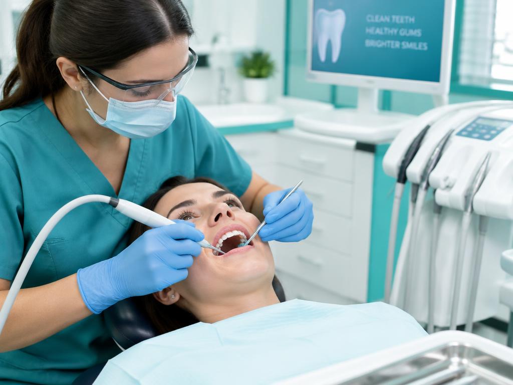 Dentist performing ultrasonic teeth cleaning