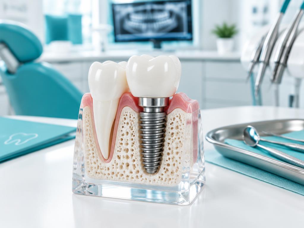 Dental implant model showing a titanium implant and crown